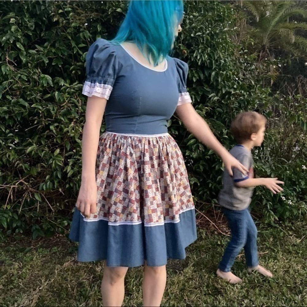 Vintage prairie lace and patchwork print dress